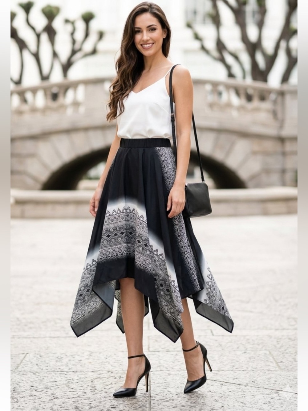Alfani Bandana Print Handkerchief Hem Asymmetrical Midi Skirt Black and White 8